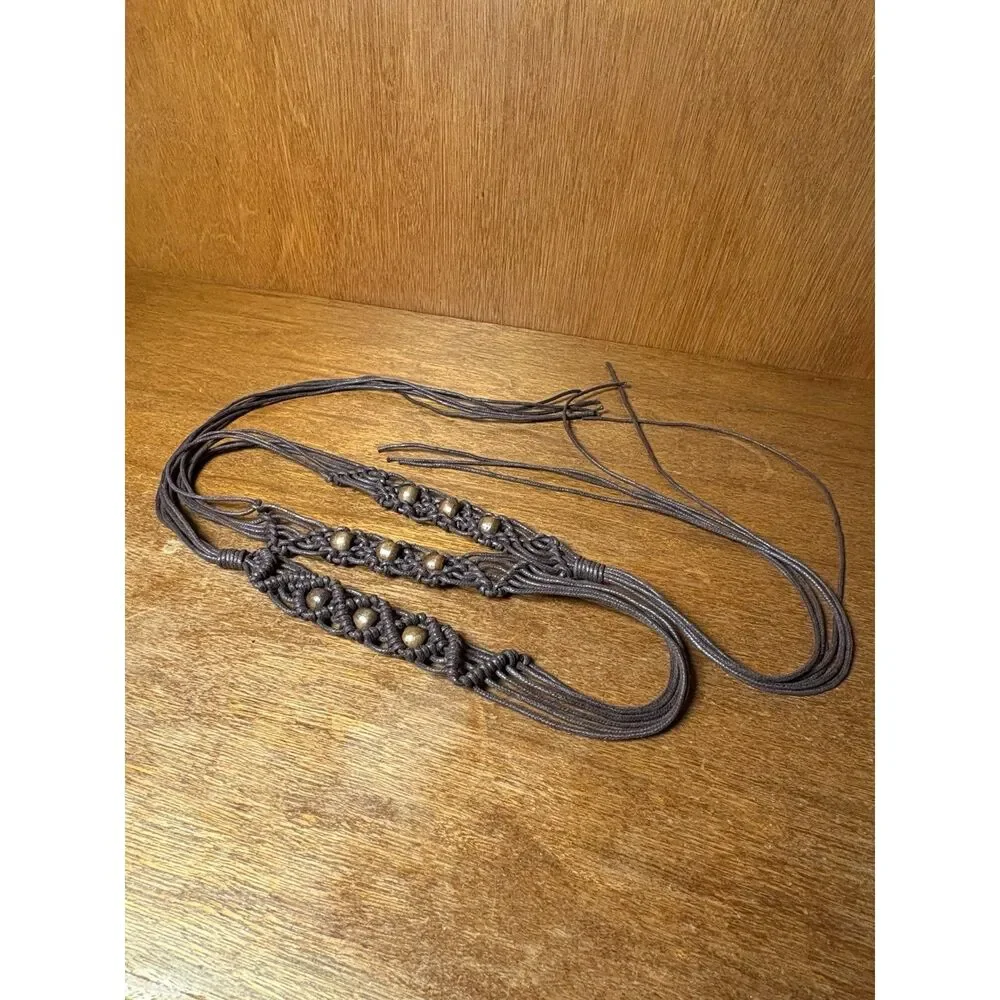 70s Vintage Handmade Macrame Fringe Belt with Wood Beads sz M / L